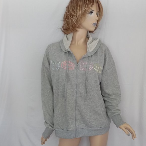 Nwt $104 BEBE Multi Color Logo Full Zip Hooded Sweatshirt Heather Grey Sz 2X - Picture 1 of 8